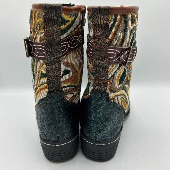 Womens Size 43 Bohemian-Style Mid-Calf Lace-Up Boots With Embossed Floral Design - Picture 6 of 10